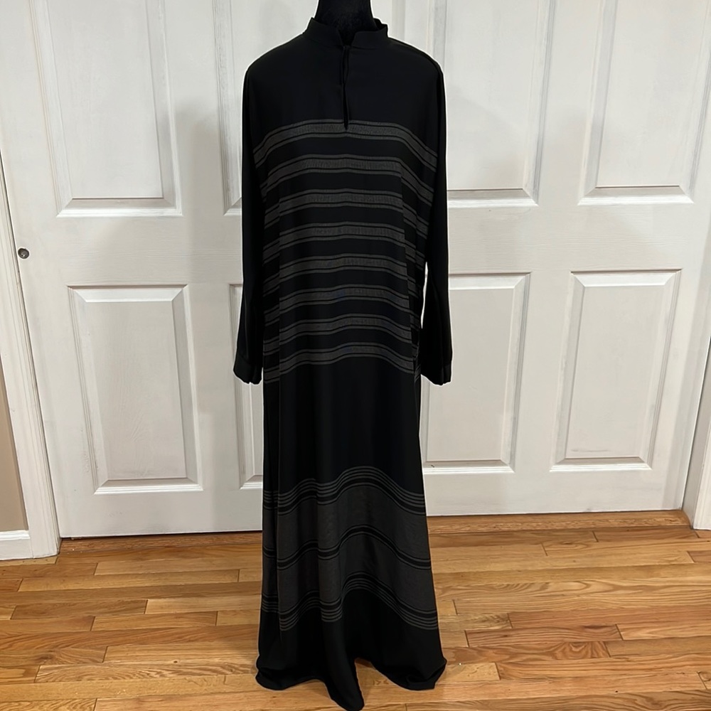 Black Long Sleeve Maxi Dress with Subtle Stripe Detail